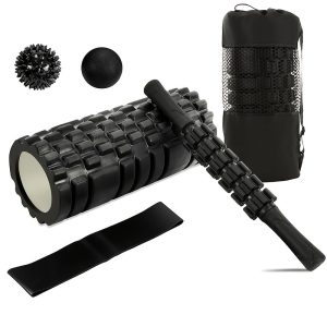 6-in-1 Foam Roller Set, Trigger Point Foam Roller, Massage Roller Stick, Massage Ball, Deep Muscle Massage Pilates Yoga Resistance Band, Full Body Fitness Exercise (Black)