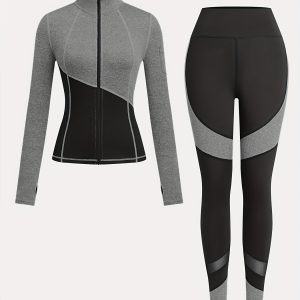 Women'S Two-Tone Running Fitness Casual Sports Yoga Suit (Cylindrical Sports Jacket with Thumb Holes And Matching Leggings) Set Two-Piece