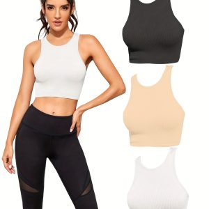 3 Pack Women's Tank Tops Ribbed Seamless Workout Exercise Shirts Yoga Crop Tops 3 Piece